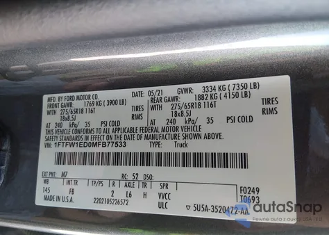 2021 Ford F-150 Xlt из США, поврежденный, VIN 1FTFW1ED0MFB77533